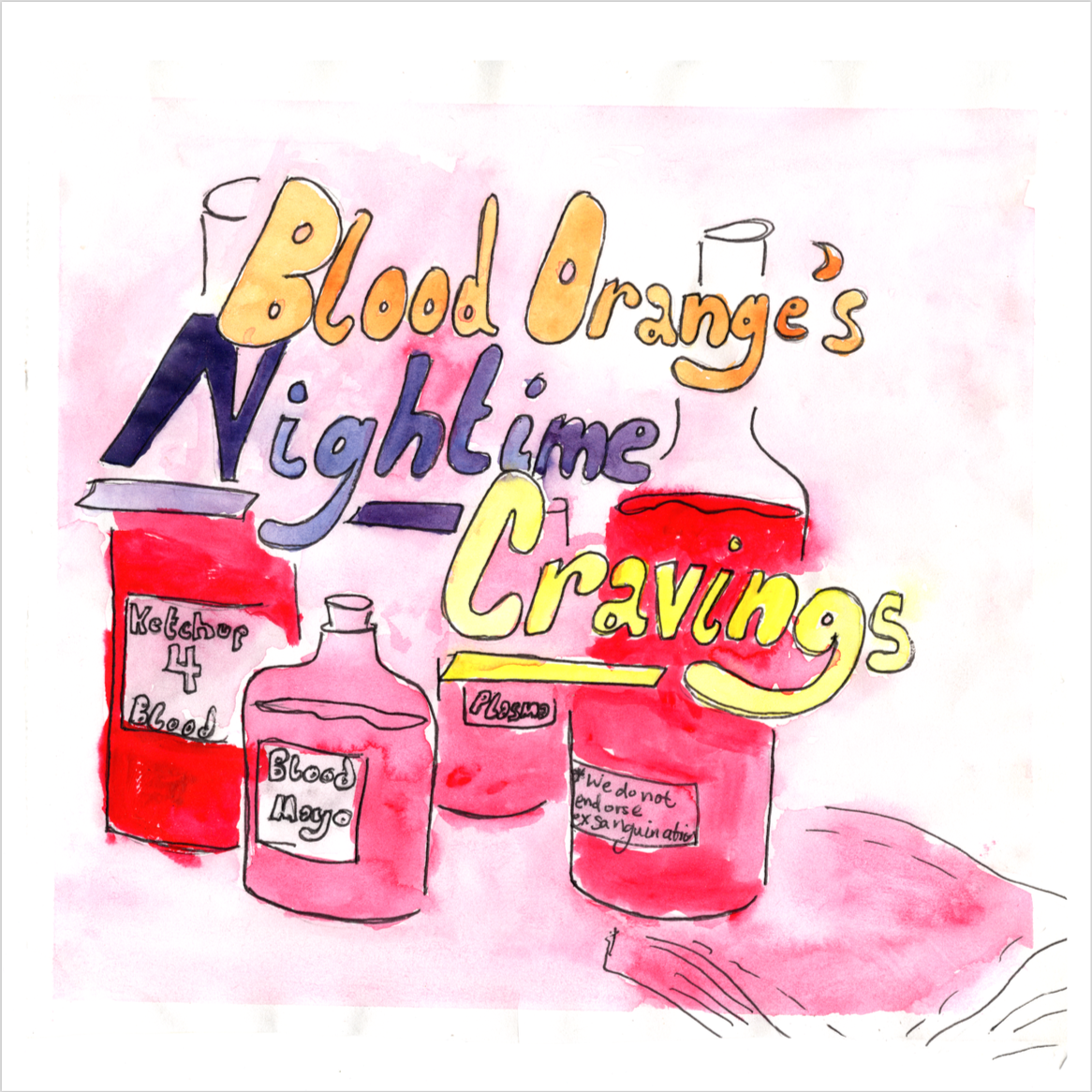 Bubbly text reading Blood Orange's Nighttime Craving, over an assortment of blood condiments